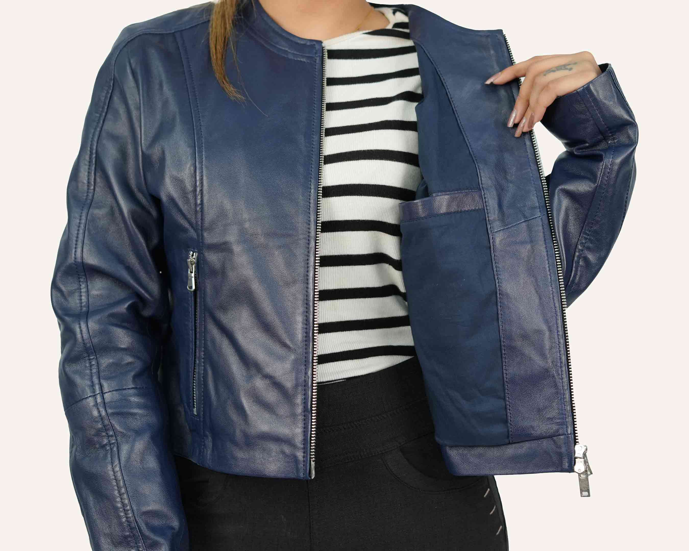 Blue Women Lamb Leather Jacket
