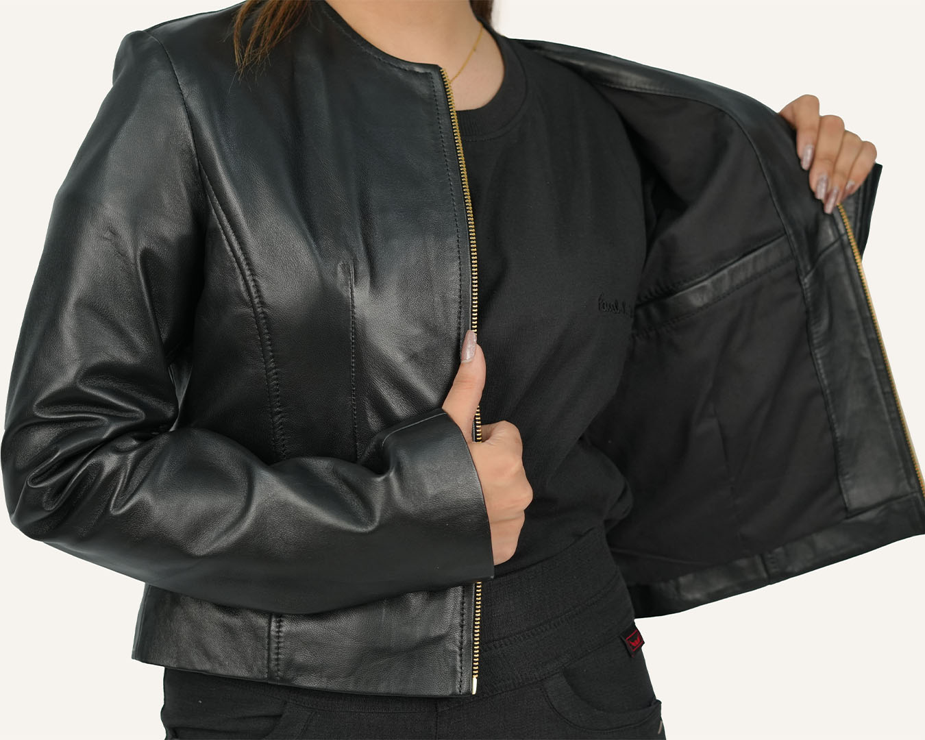 Collarless Lamb Leather Jacket