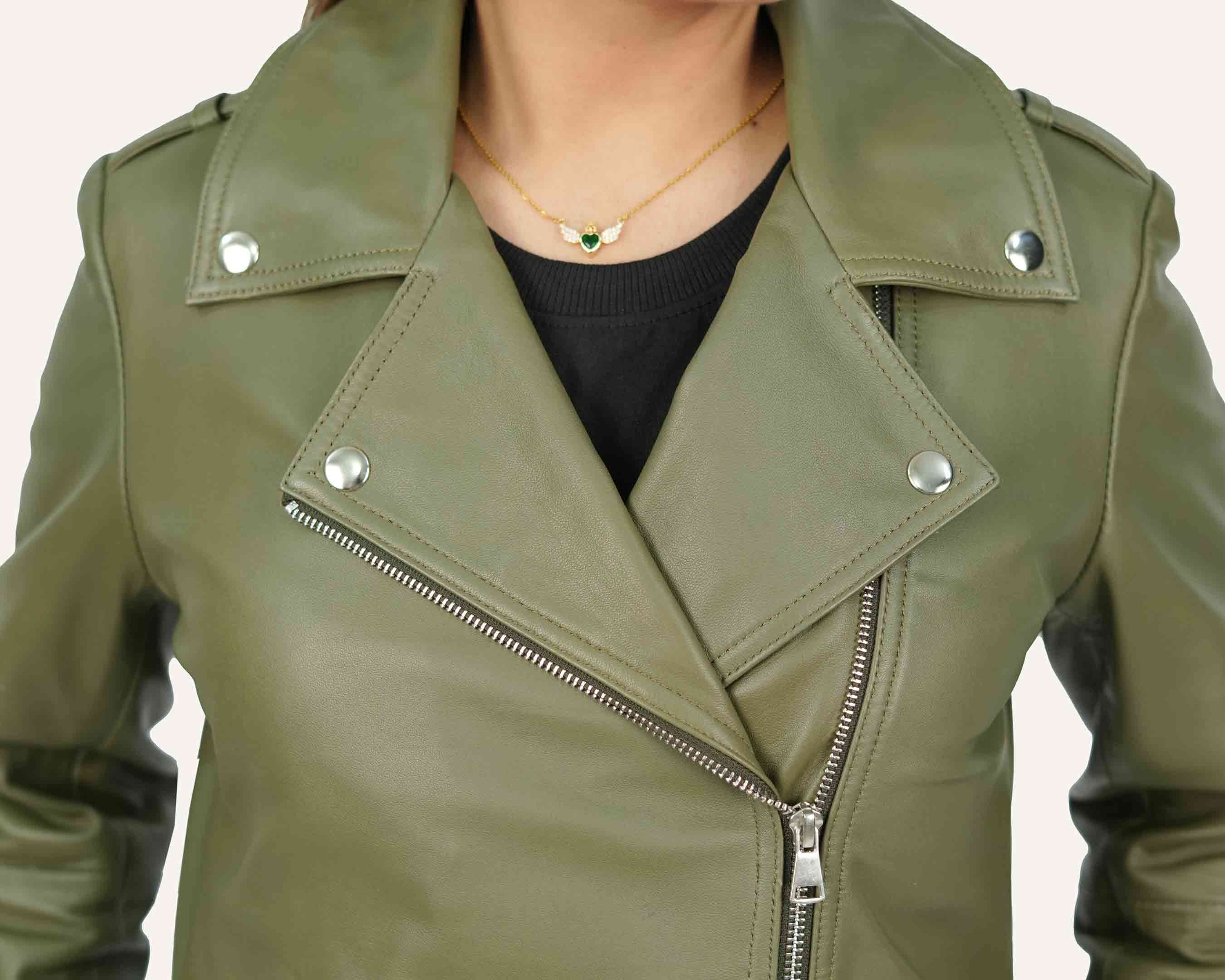 Olive Green Women Leather Jacket