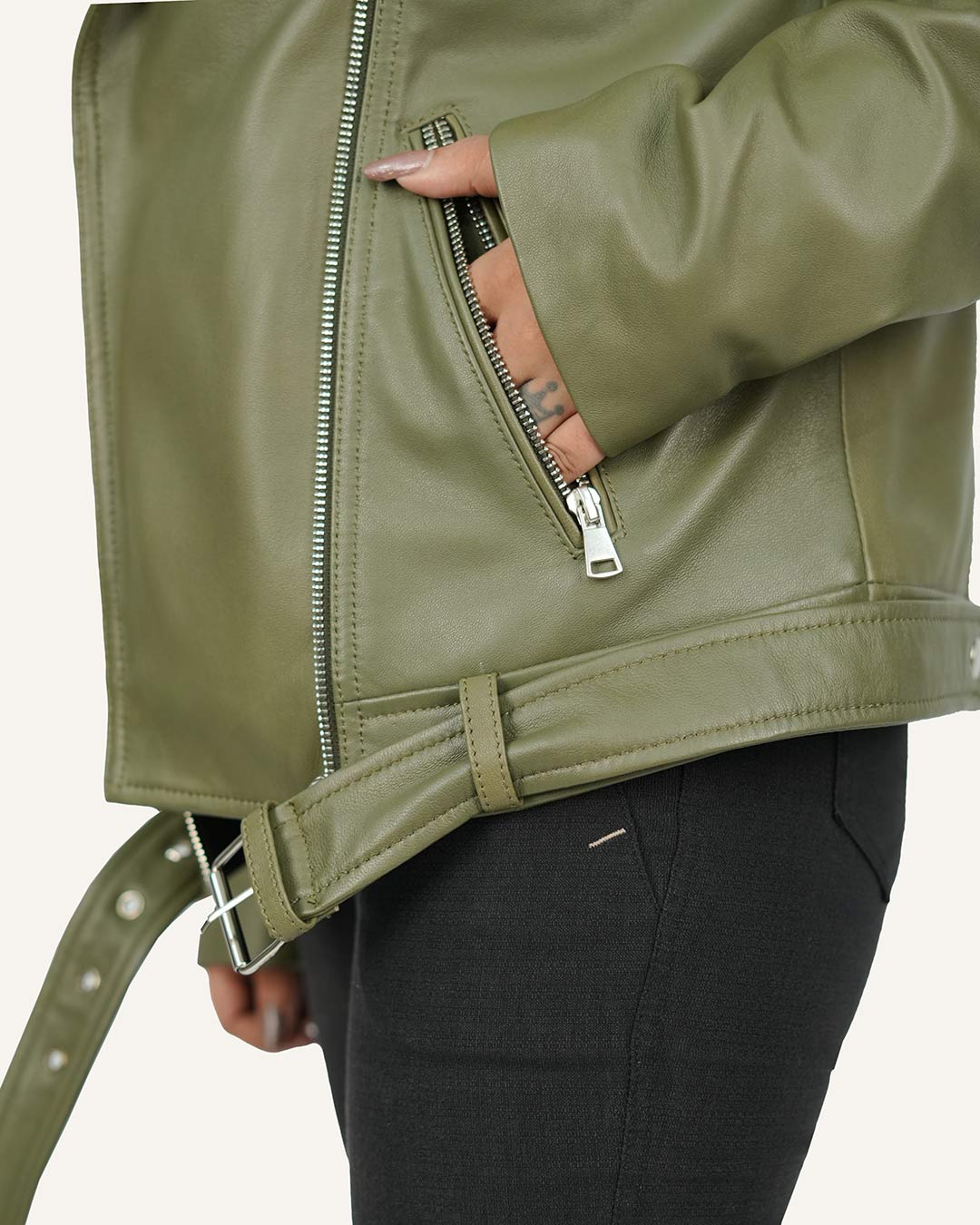 Olive Green Women Leather Jacket