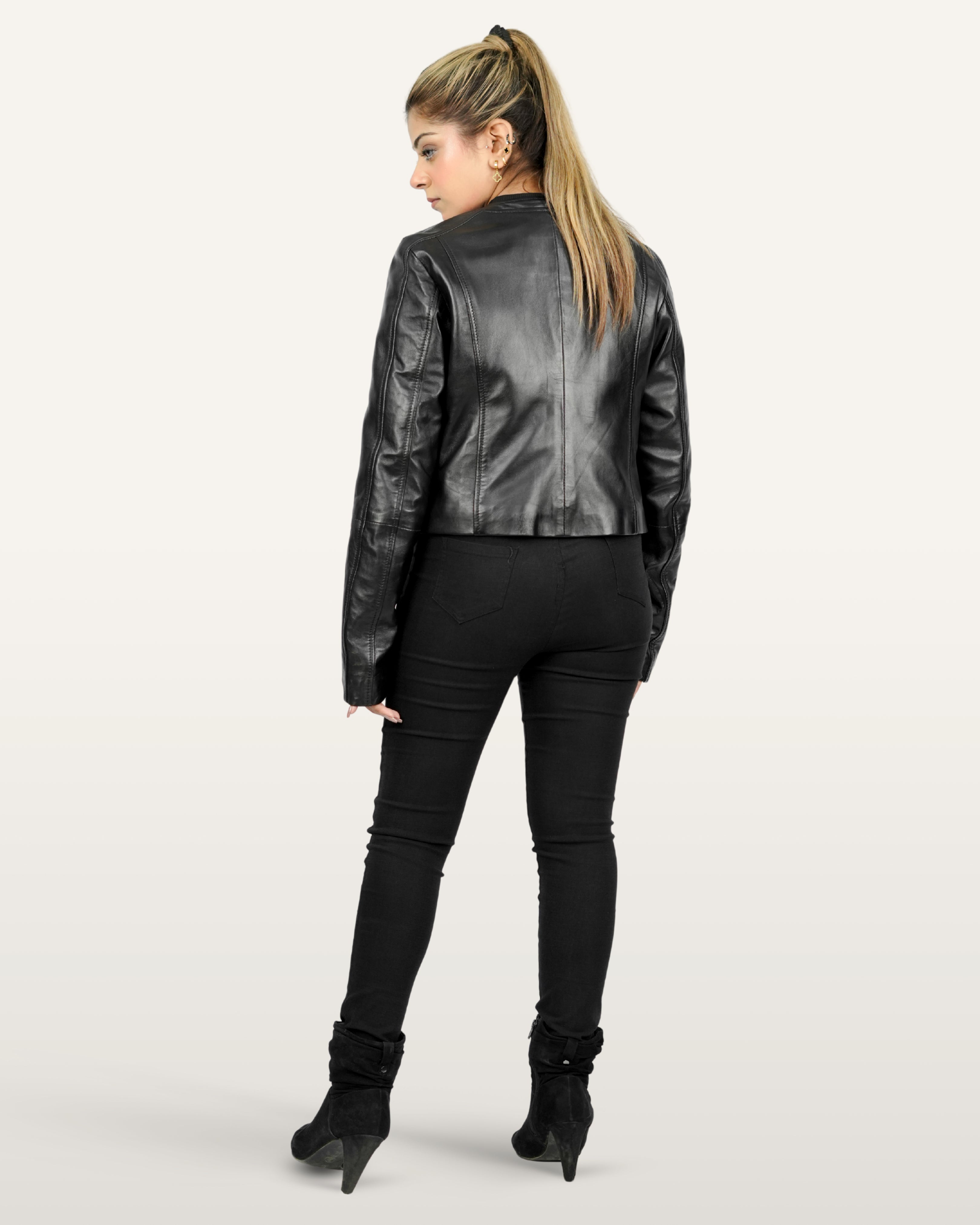 Collarless Lamb Leather Jacket – Silver Zippers