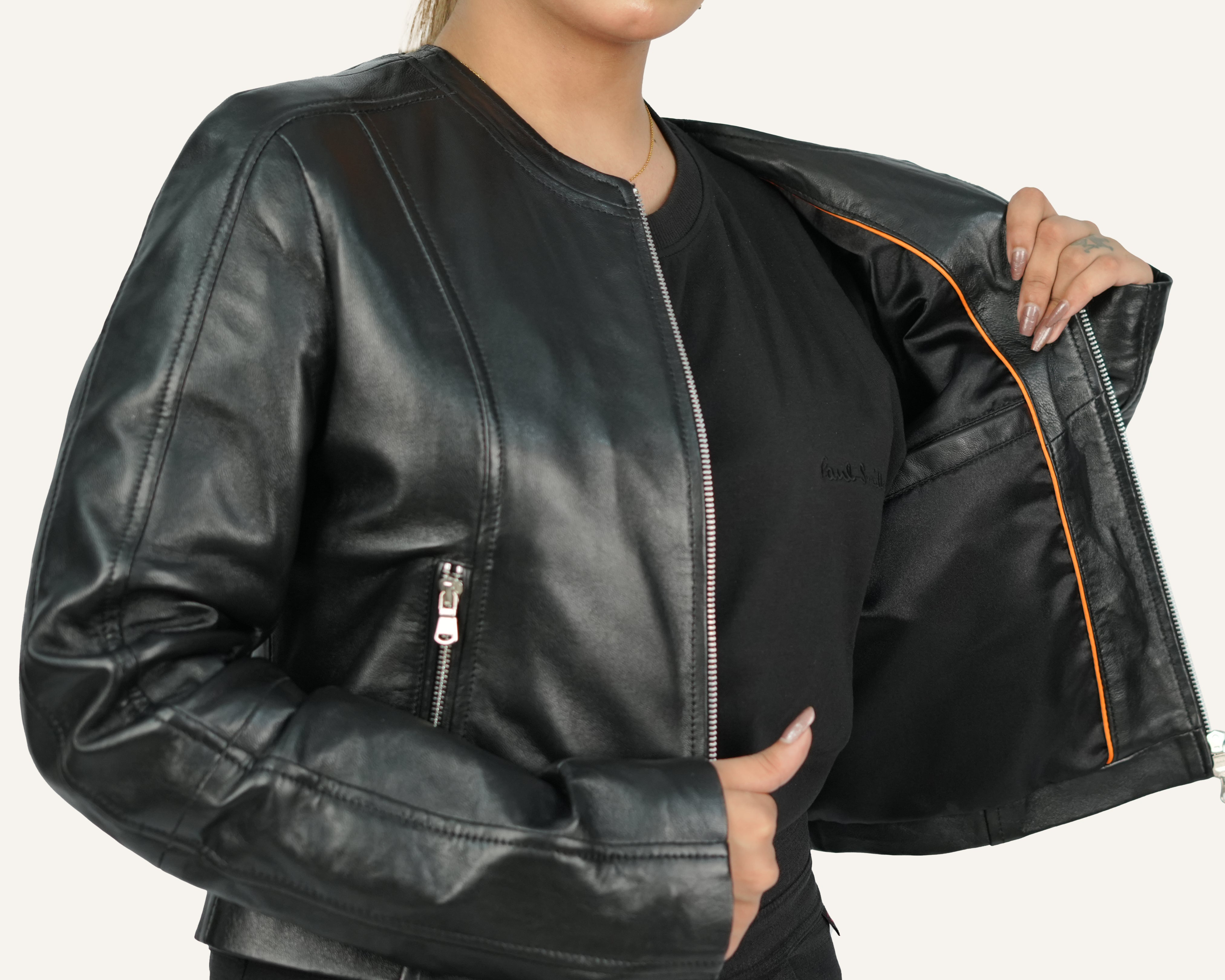 Collarless Lamb Leather Jacket – Silver Zippers