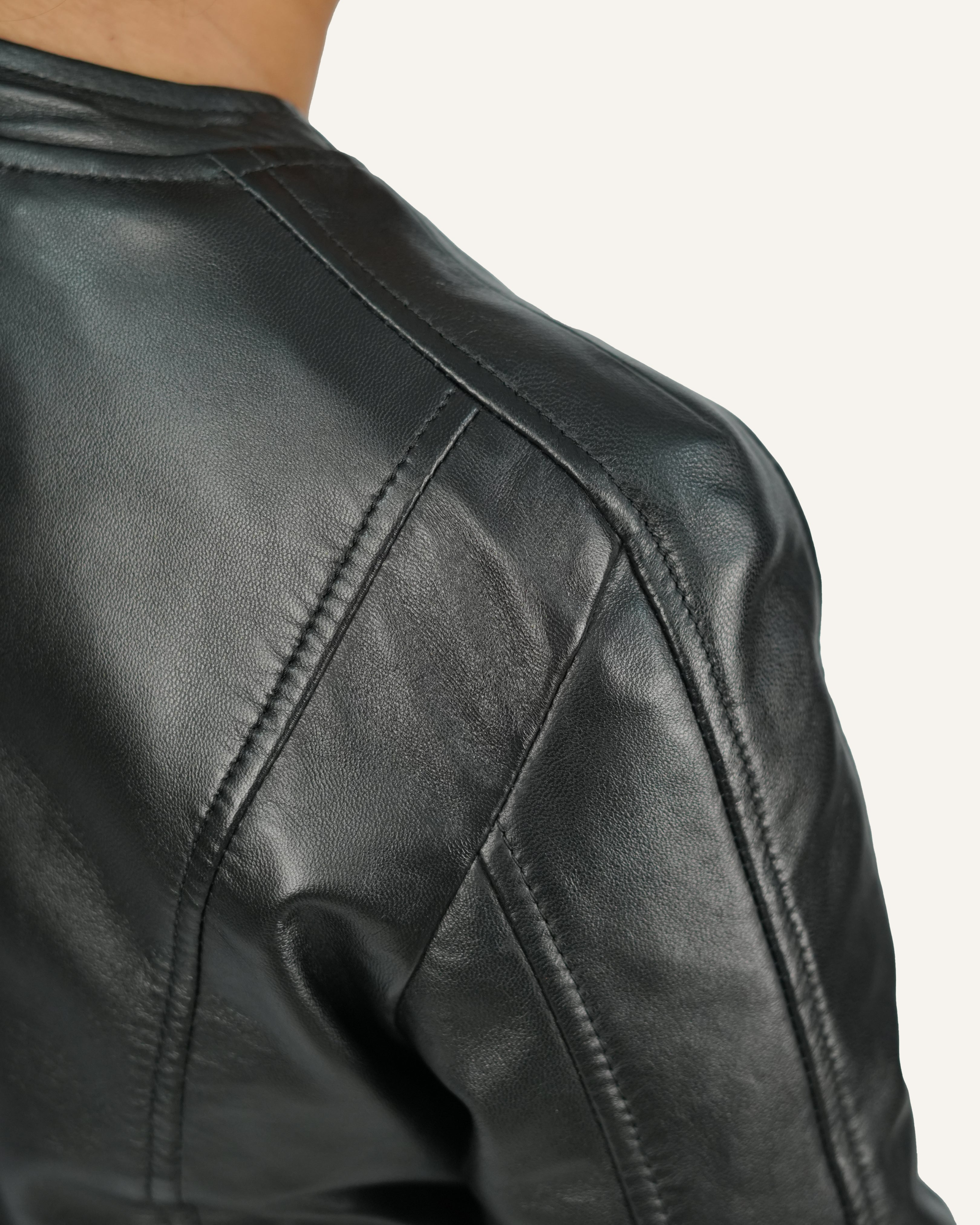Collarless Lamb Leather Jacket – Silver Zippers