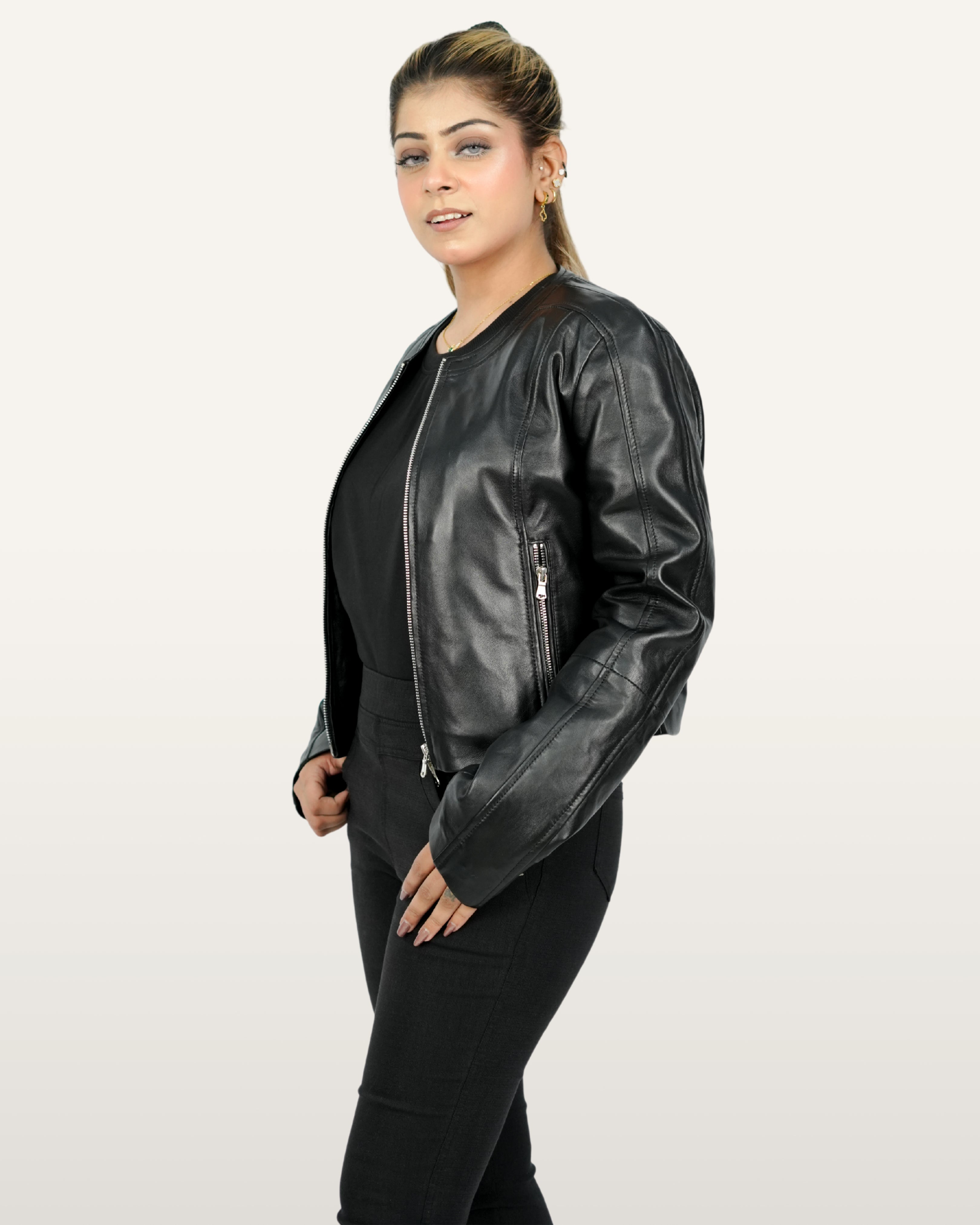 Collarless Lamb Leather Jacket – Silver Zippers