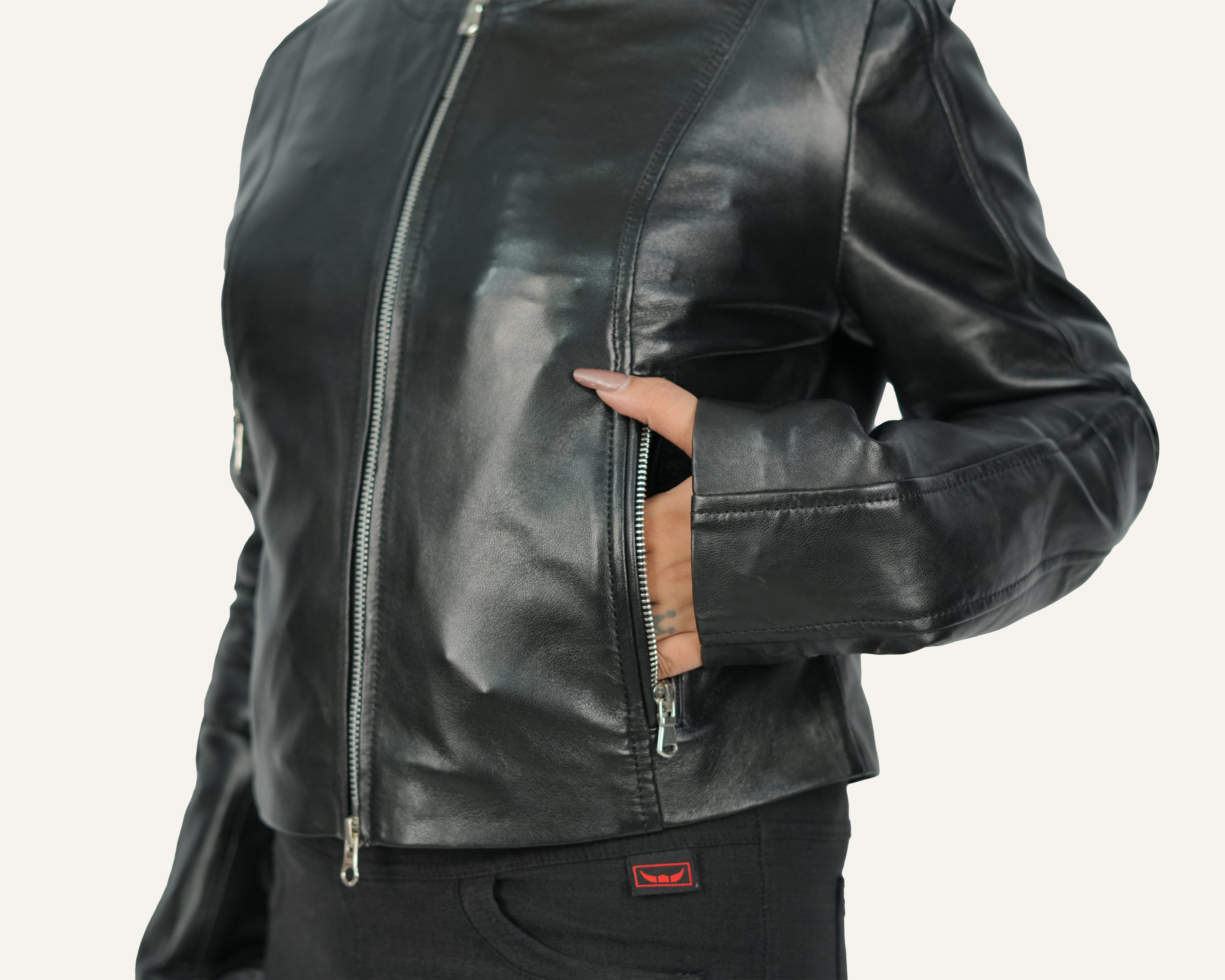 Collarless Lamb Leather Jacket – Silver Zippers