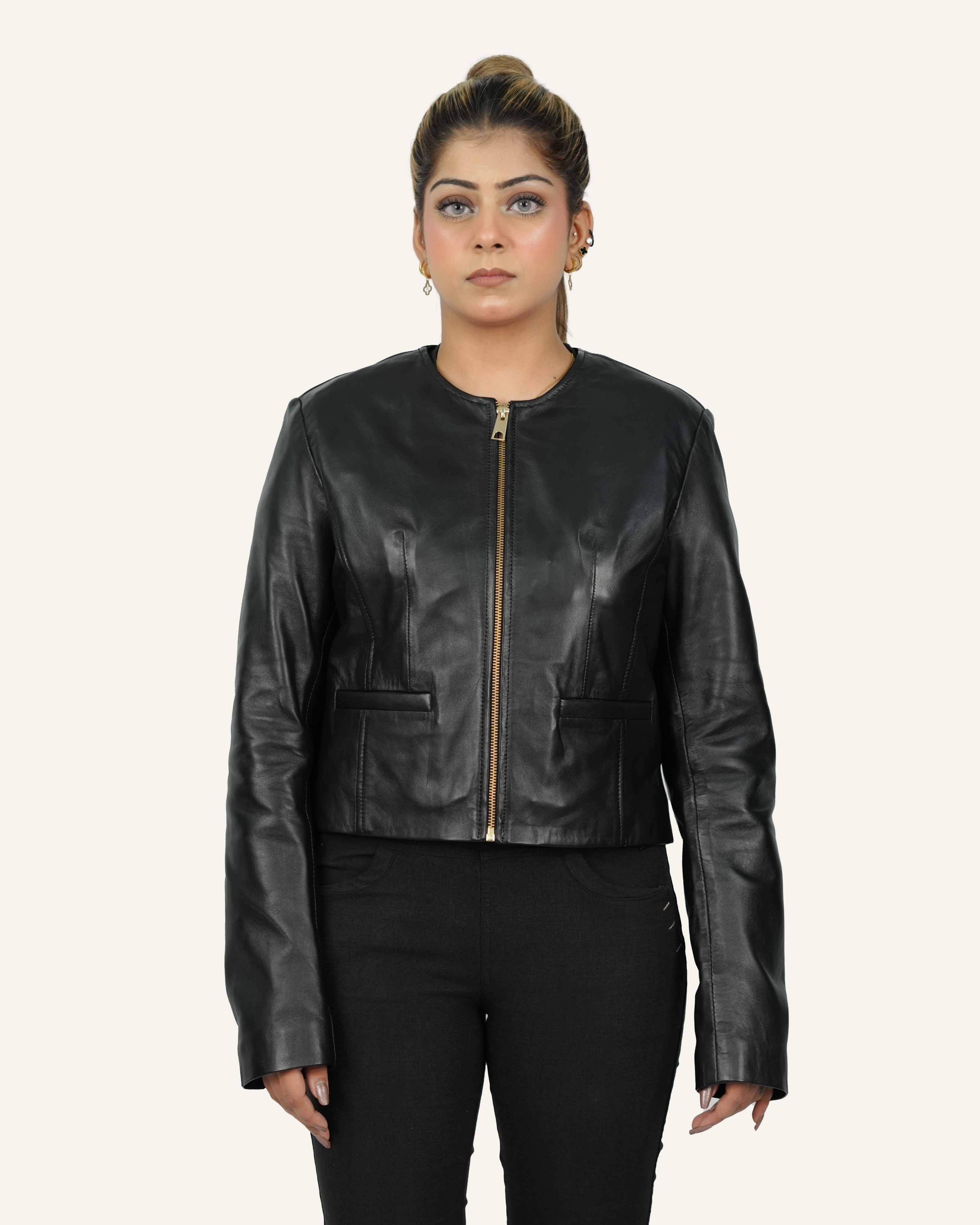 Collarless Lamb Leather Jacket