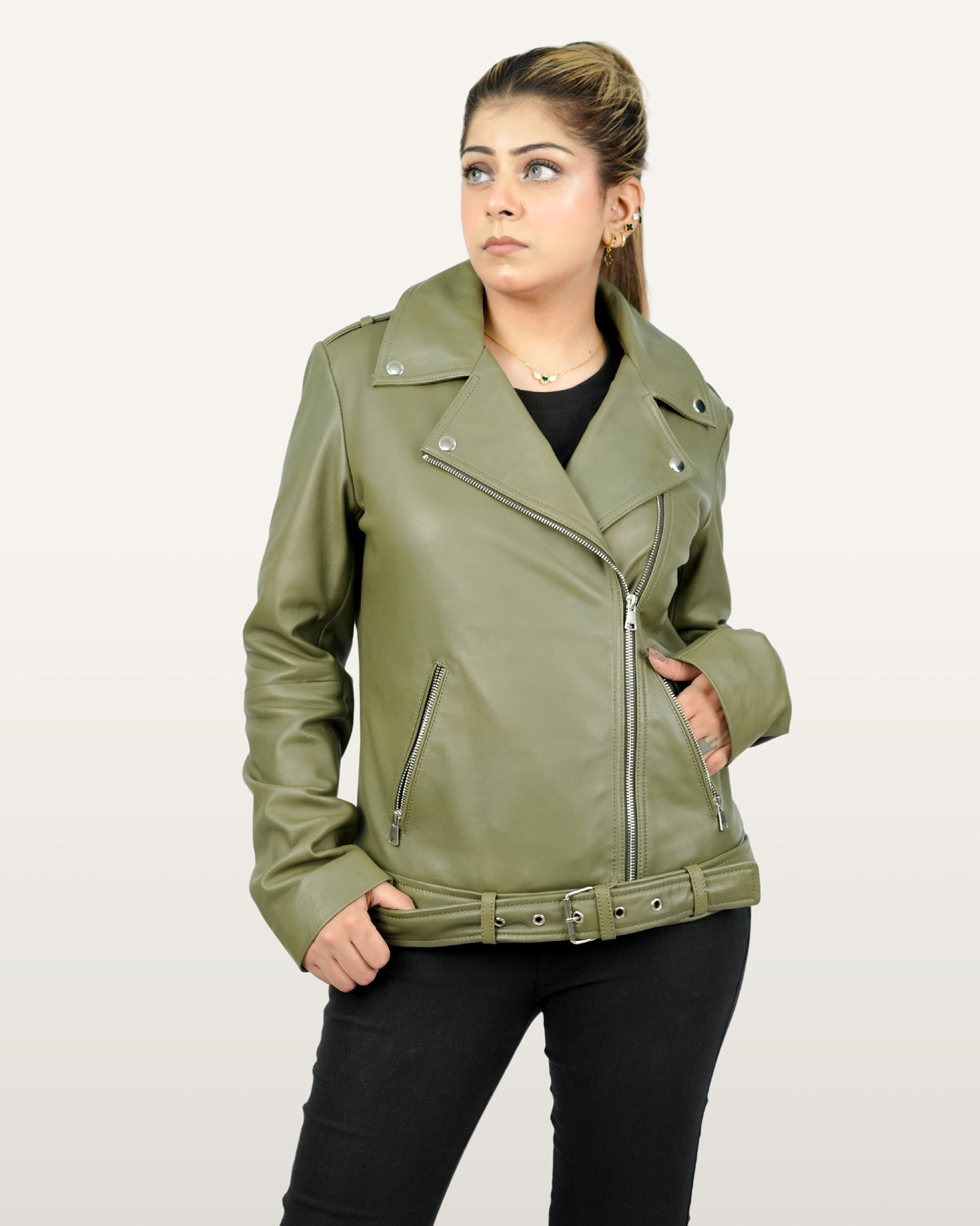 Olive Green Women Leather Jacket