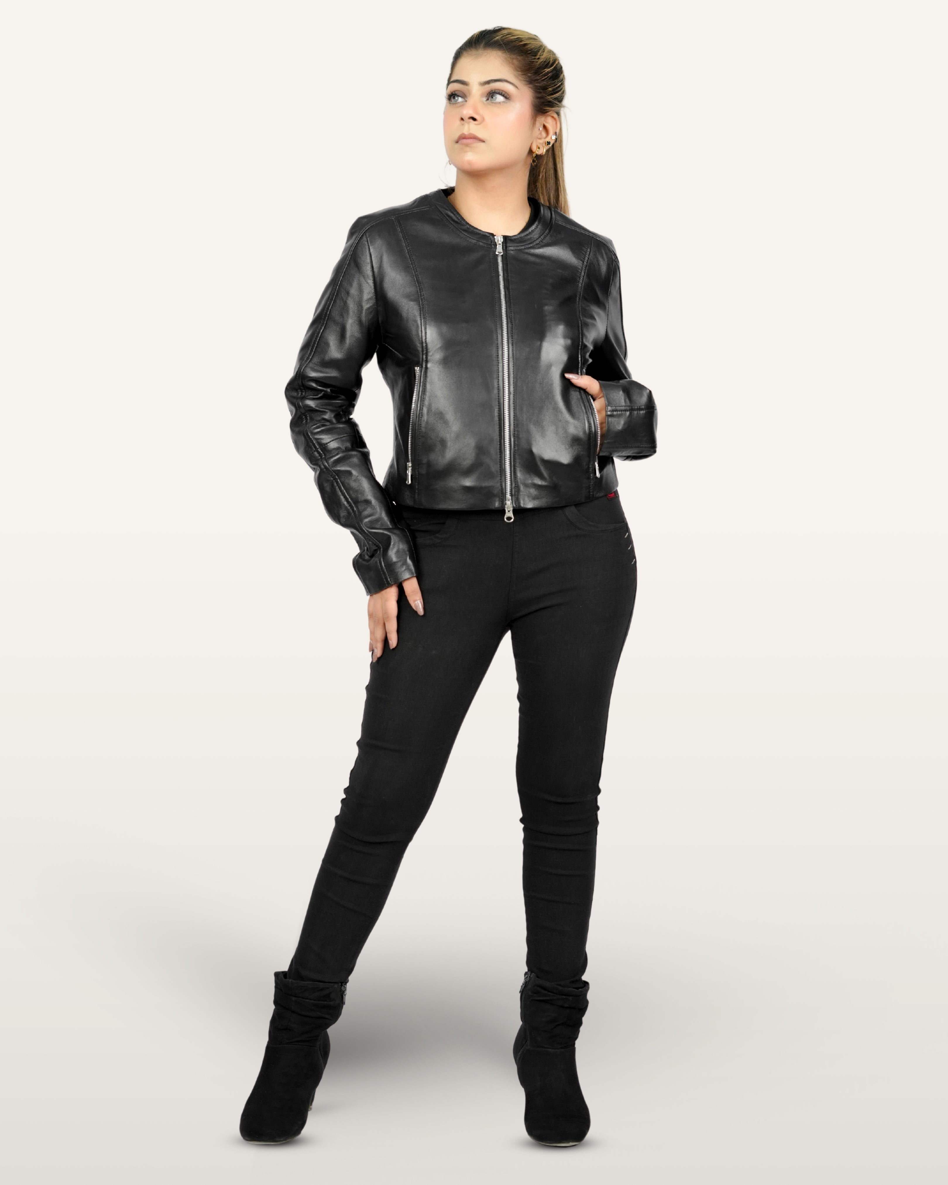 Collarless Lamb Leather Jacket –  Silver Zippers