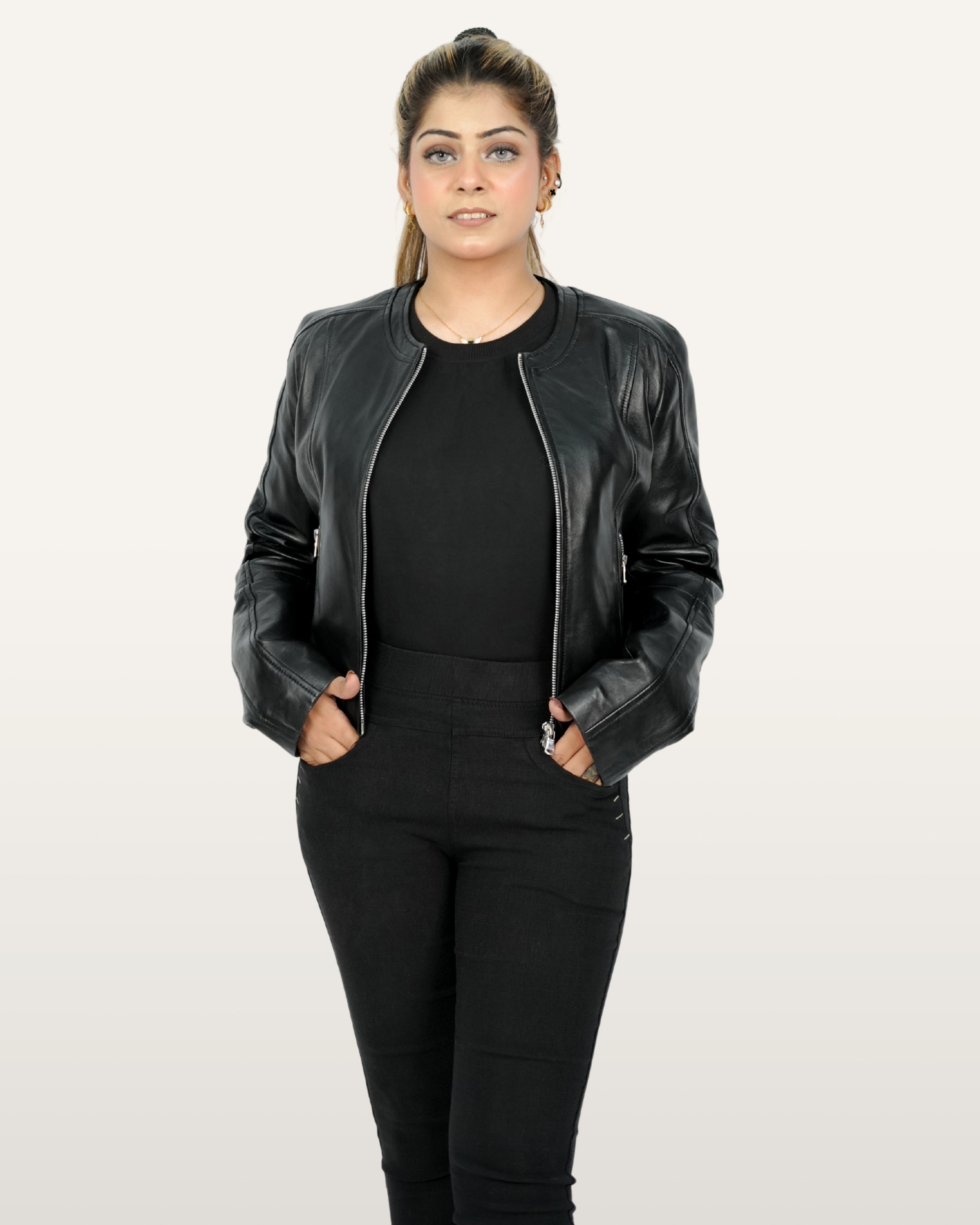 Collarless Lamb Leather Jacket –  Silver Zippers